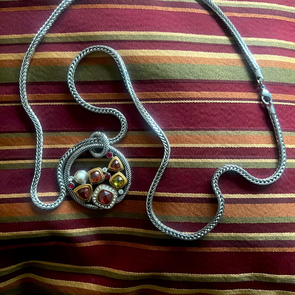 Diamond accents, Ruby, Emerald Pearl Silver Necklace. Another one of a kind.